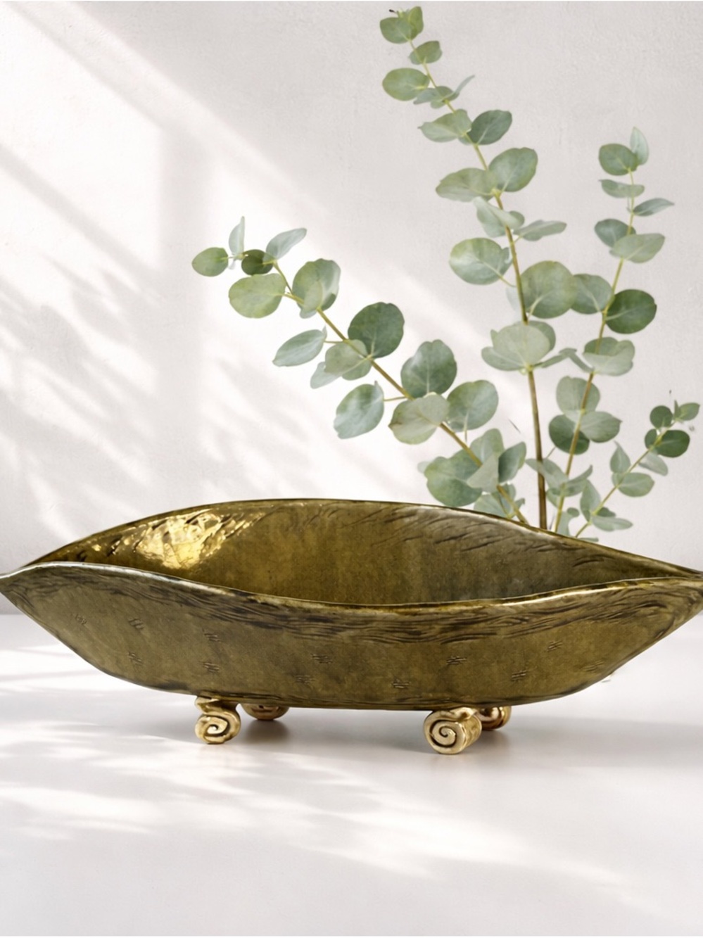Artisanal Glazed Ceramic Footed Bowl, Olive Green Leaf Style